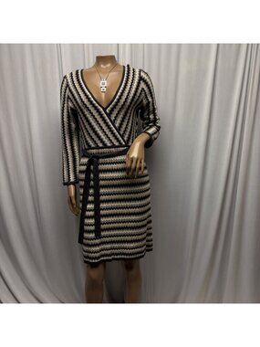 Donna Ricco Chevron Knit Faux Wrap Dress Womens Size Small Long Sleeve V-Neck